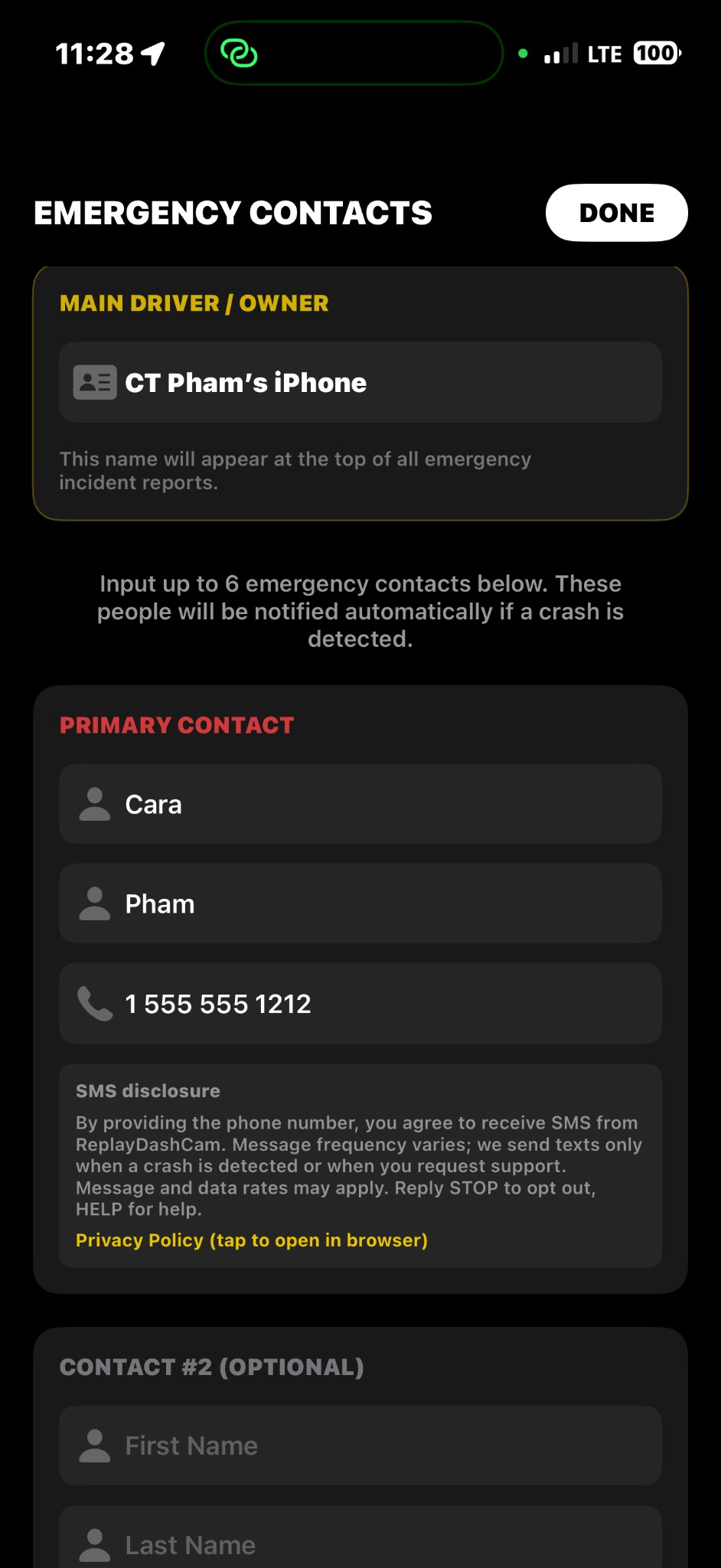 ReplayDashCam Emergency Contacts screen showing SMS disclosure below phone number